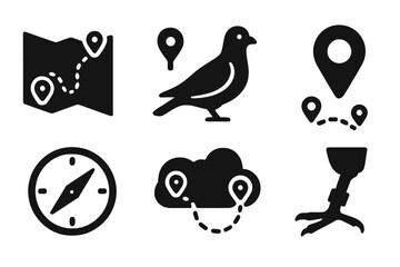 Flight Path Icons. Solid style icons of Flight Path Tracking: Map Lines, Pigeon Symbol, Destination Mark, Loft Point, Compass,