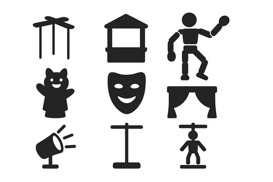 Puppetry Icons Collection. Solid style icons of Puppetry: Puppet Strings, Stage, Wooden Marionette, Hand Puppet, Mask, Curtain,