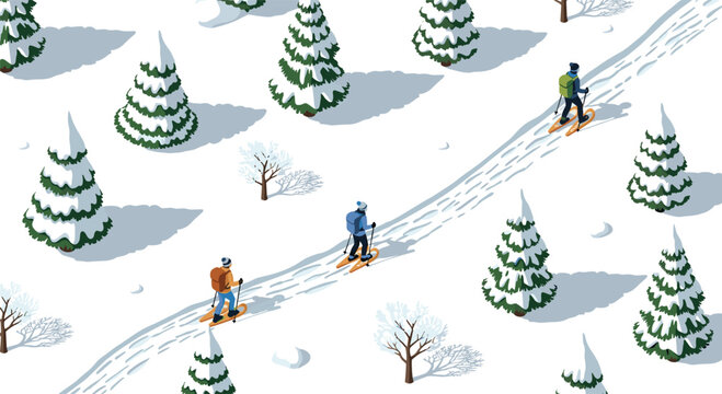 Isometric winter landscape with people skiing on snowy path through evergreen forest