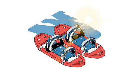 Fototapeta premium Retro isometric snowboard bindings with mountain sunburst reflection