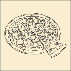Doodle-style illustration of a whole pizza with a detached slice. Hand-drawn style drawing with simple black lines on a light background.