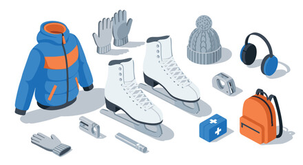 Winter sports isometric design with ice skates, warm clothing, and accessories