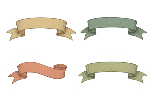 Vintage ribbons and banners set with retro paper texture, old scroll style design elements, transparent background