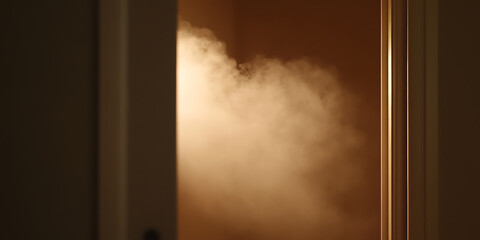 Naklejka premium A mysterious cloud of smoke emerges from a doorway, creating an enigmatic and captivating scene. The contrast between light and shadow adds to the intrigue.