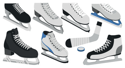 Assorted ice skate collection with hockey stick and puck in modern flat design