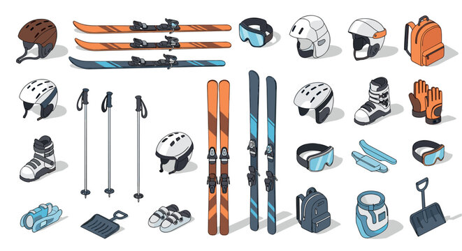 Winter sports gear collection skis, boots, helmets, and accessories