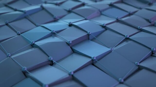 Abstract, geometric pattern with blue and purple hues, comprised of connected cubes