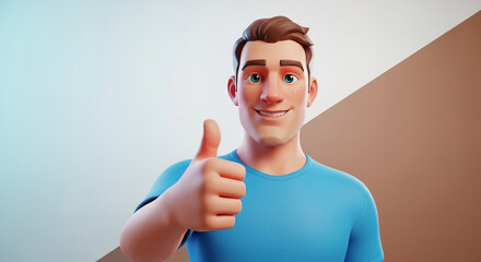 Smiling 3d cartoon man giving a thumbs up gesture in front of background