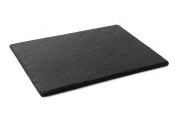Empty black slate serving board on a transparent background, rectangular kitchenware for food presentation