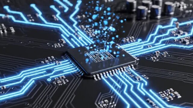 Plano de fundo digital realista mostrando uma placa de circuito eletr&ocirc;nico com chip central emanando energia azul. Estilo tecnol&oacute;gico moderno, ideal para wallpaper de celular.