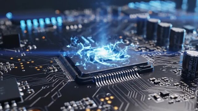 Plano de fundo digital realista mostrando uma placa de circuito eletr&ocirc;nico com chip central emanando energia azul. Estilo tecnol&oacute;gico moderno, ideal para wallpaper de celular.