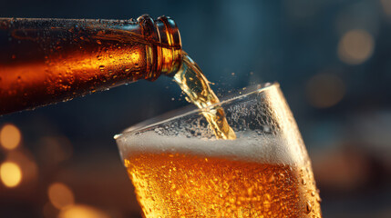 Close-up of golden beer being poured from a bottle into the top of a clear glass