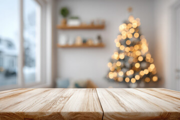 Empty wooden table top with a blurred background of a christmas tree and lights for a product display montage