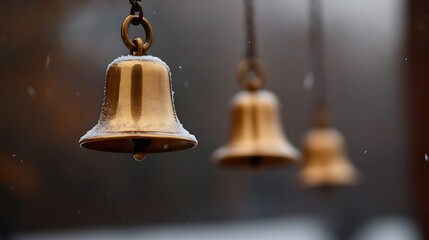 Golden bells hang delicately in the winter air, dusted with snow.  A serene, close-up view capturing the quiet beauty of a snowy day. A symbol of celebration, ringing softly.