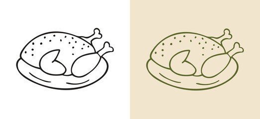 black and white hand-drawn line art icon of a whole roasted turkey on a platter. doodle style vector perfect for Thanksgiving, winter holidays, celebration menus, or festive autumn designs.