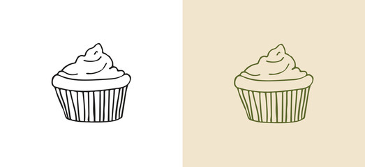 black and white hand-drawn line art icon of a delicious cupcake with frosting. This doodle style vector is ideal for bakeries, dessert menus, sweet treats, party invitations, or holiday celebrations.