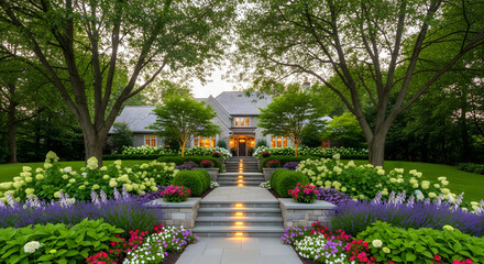 Beautiful home entrance with lush landscaping. Stone steps lead to a stately house surrounded by colorful flowers and mature trees. Warm light emanates from the windows.