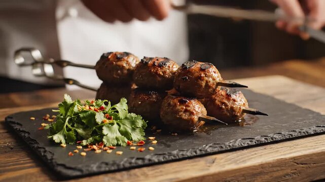 Cooked Meat Koftas on Skewers Arranged on Dark Slate Platter