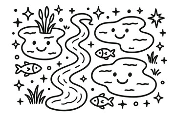 Obraz premium Smiling Waterscape Doodle. Charming doodle vector composition of a friendly collection scene with rivers and lakes smiling,
