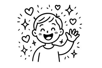 Joyful Avatar Doodle. Charming doodle vector composition of a happy avatar character waving joyfully, surrounded by doodle