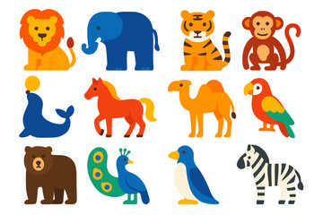 Naklejka premium Carnival Animal Icons. Flat vector icons of Carnival Animals: lion, elephant, tiger, seal, horse, monkey, bear, camel, parrot,