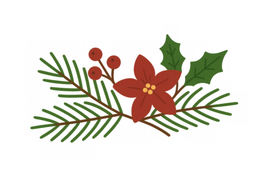 Holiday vector creating a festive arrangement with winter flora elements like a poinsettia, spruce, and berry branches - Powered by Adobe