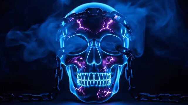 Abstract digital skull with energy displayed in neon blue and pink colors