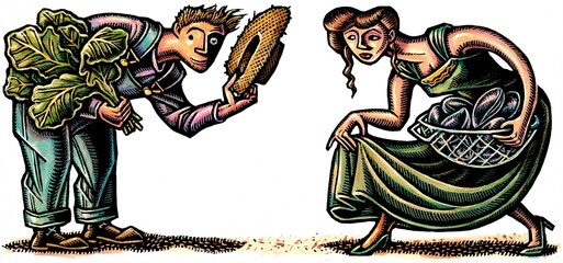boy with green vegetables (spinach, chard or collards) bows to woman with a basket of clams