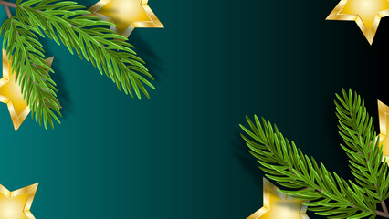 Christmas background with green fir branches and golden stars on dark gradient backdrop. Elegant festive design for holiday greeting cards, banners, and winter decoration.