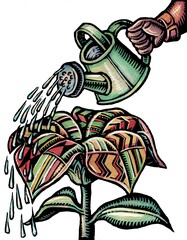 black hand with watering can waters flower of kente cloth