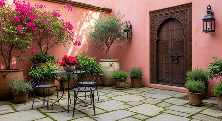 Fototapeta premium Charming Moroccan courtyard with ornate wooden door, lush bougainvillea and potted plants