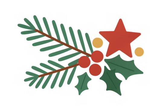 Christmas holiday decoration featuring a pine branch, holly leaves, red berries, and a festive star, transparent background