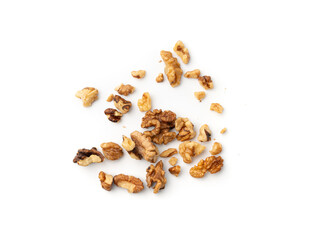 Chopped wallnut , broken roasted walnuts powder, heap of nuts crumbs, whole kernel pieces