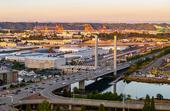 Panoramic Aerial Sunset View of Tacoma East 21st Street Bridge and traffic at sunset