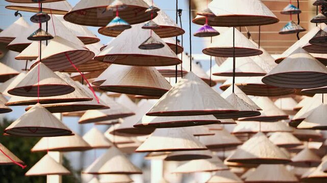 Vietnamese conical hats hanging in Moscow during Vietnam Days celebration
