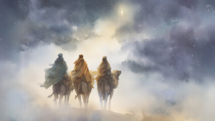 Three Wise Men Following the Christmas Star, Watercolor Inspired Print.