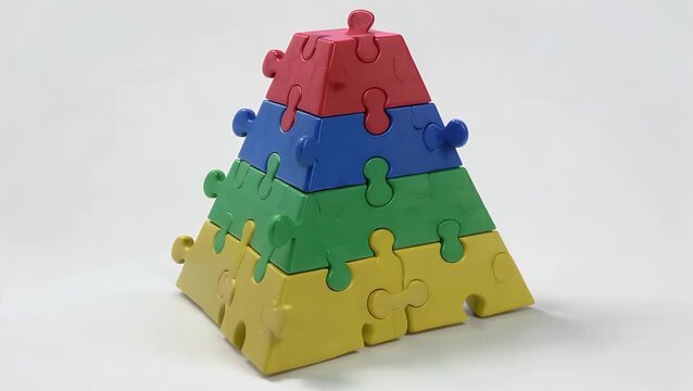three-dimensional geometric structure in the shape of a pyramid assembled from individual four-color puzzle segments  symbolizing a quartet of stages or phases  presented on a plain white backdrop as