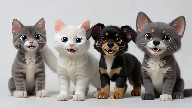 Domesticated Animals Positioned Next to Each Other in a Row and Gazing Directly at the Viewer Against a Plain White Studio