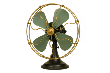Vintage electric fan featuring green blades and a brass grille, providing air circulation and a cooling effect