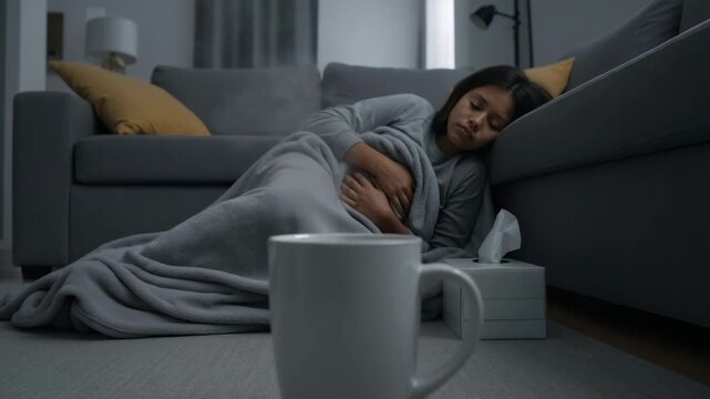 A sick young woman suffering from severe stomach pain at home. Female with menstrual cramps lying on the floor covered with a blanket. Concept of illness and discomfort