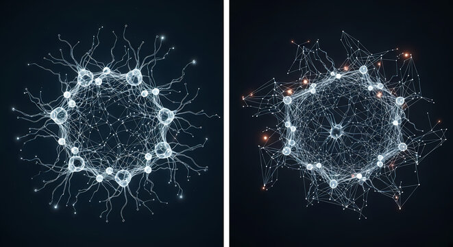 Set of futuristic line art illustrations about artificial intelligence and human connection with technology. Hand drawn concepts of brain with circuit board, human hand touching hologram, data flow