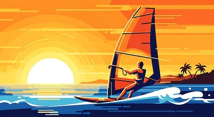 A lone windsurfer glides across the ocean waves at sunset with palm trees on the distant shore.