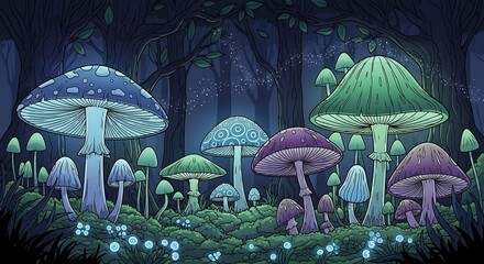 A mystical night scene in a fantasy forest with numerous glowing, colorful mushrooms and bioluminescent flora on the forest floor.