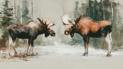 Two Bull Moose in Winter Forest, Painting Inspired Print.