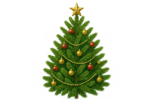 Christmas tree showcasing green needles, golden star, red and gold baubles, and beaded garland, perfect for winter holidays