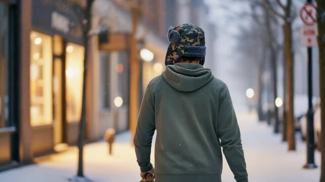 Person in a hoodie walking down a snowy city street. Rear view of a man in a winter hat during a snowfall. Slow motion footage of urban winter life