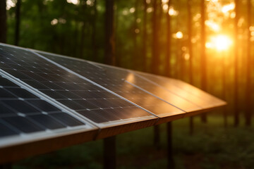 Sunlight bathes solar panels in a forest, highlighting the intersection of renewable energy and nature. Sustainable tech merges with the environment, creating a harmonious scene.