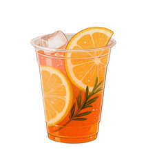 Orange Drink with Ice, Rosemary, and Orange Slices in Plastic Cup
