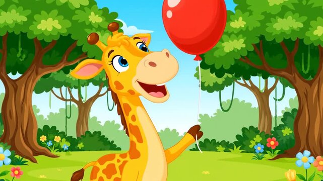 Cartoon giraffe holding red balloon in forest setting