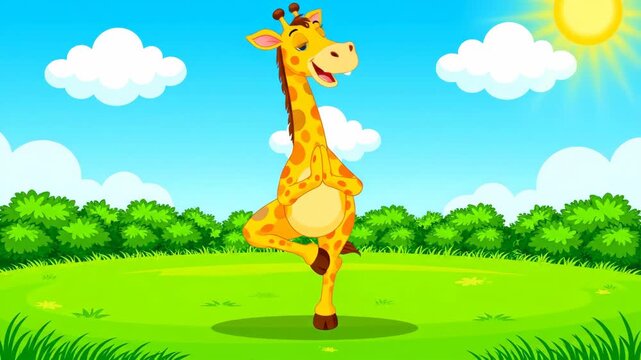 Cartoon giraffe in a sunny outdoor environment with green grass and blue sky